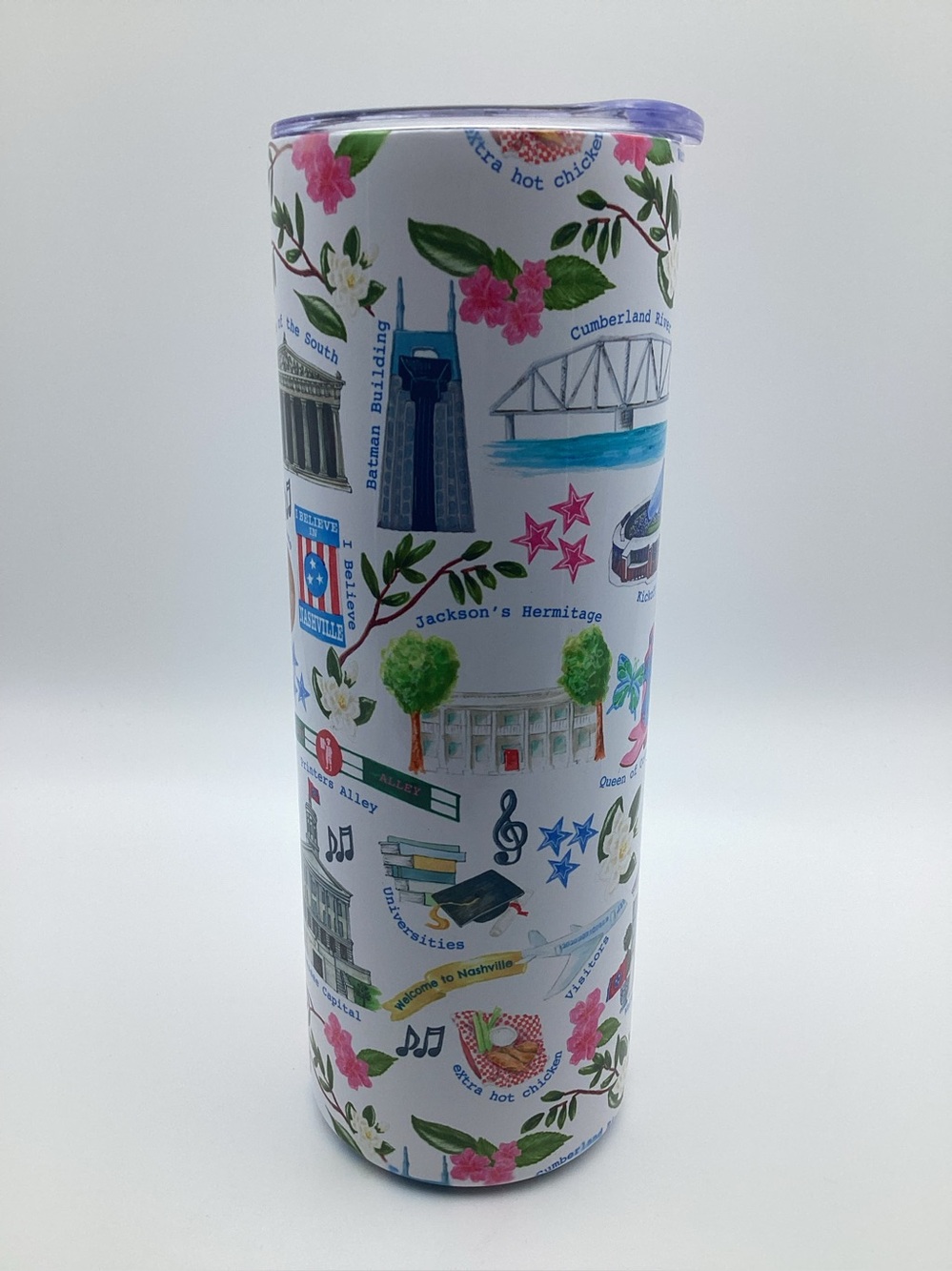 Nashville White Floral City Landmark Print Travel Tumbler